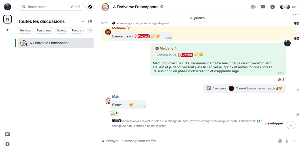 Aperçu de l’interface Zefchat : conversations Matrix dans Element