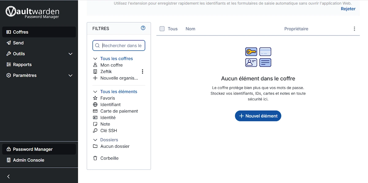 Aperçu de l’interface Zefpass (Vaultwarden) sur ordinateur